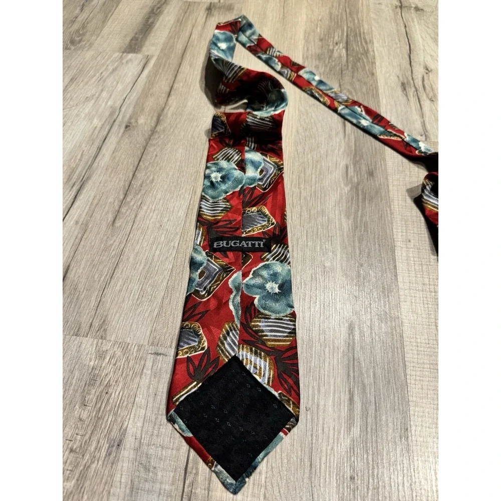 Vintage Bugatti Blue & Red Floral 100% Italian Silk Tie